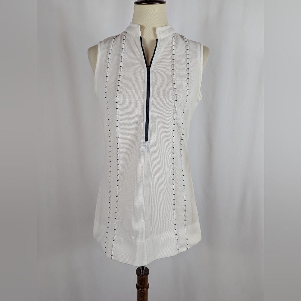 Court 1 Vintage 70s Tennis Dress White Navy Front Zip Mini Pickleball Sz 11/12